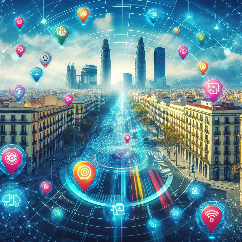 Barcelona's streets with icons symbolizing different data roaming options.