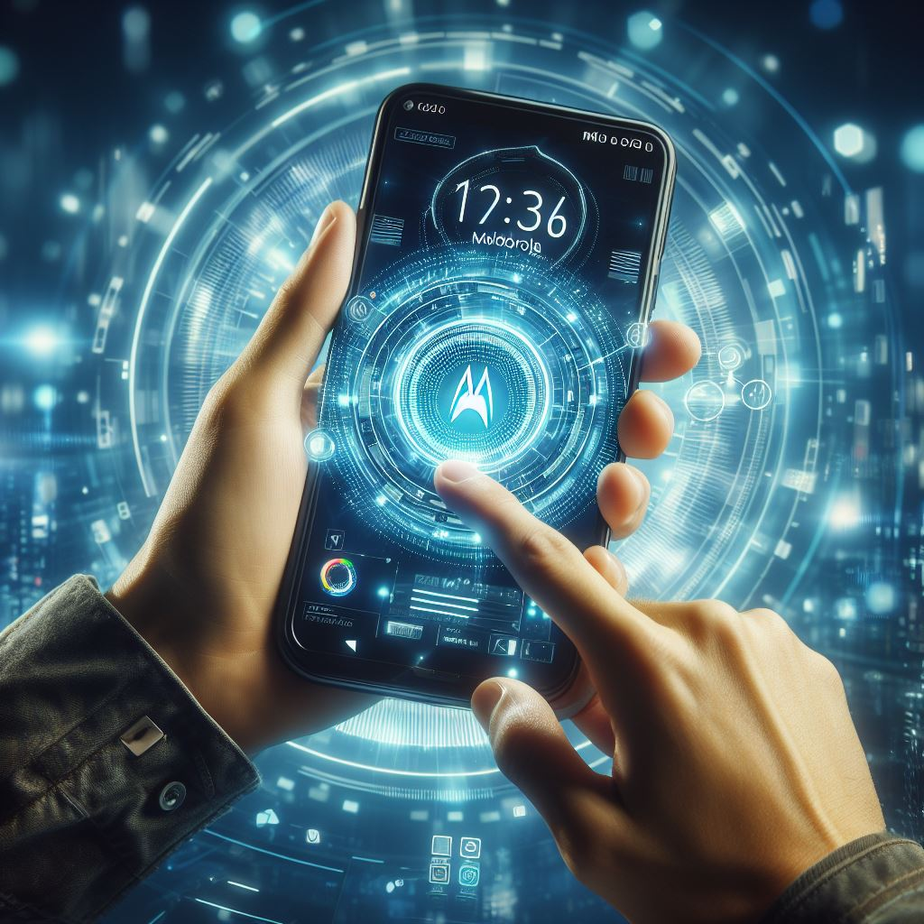 A person interacting with an advanced Motorola device with futuristic eSIM capabilities.