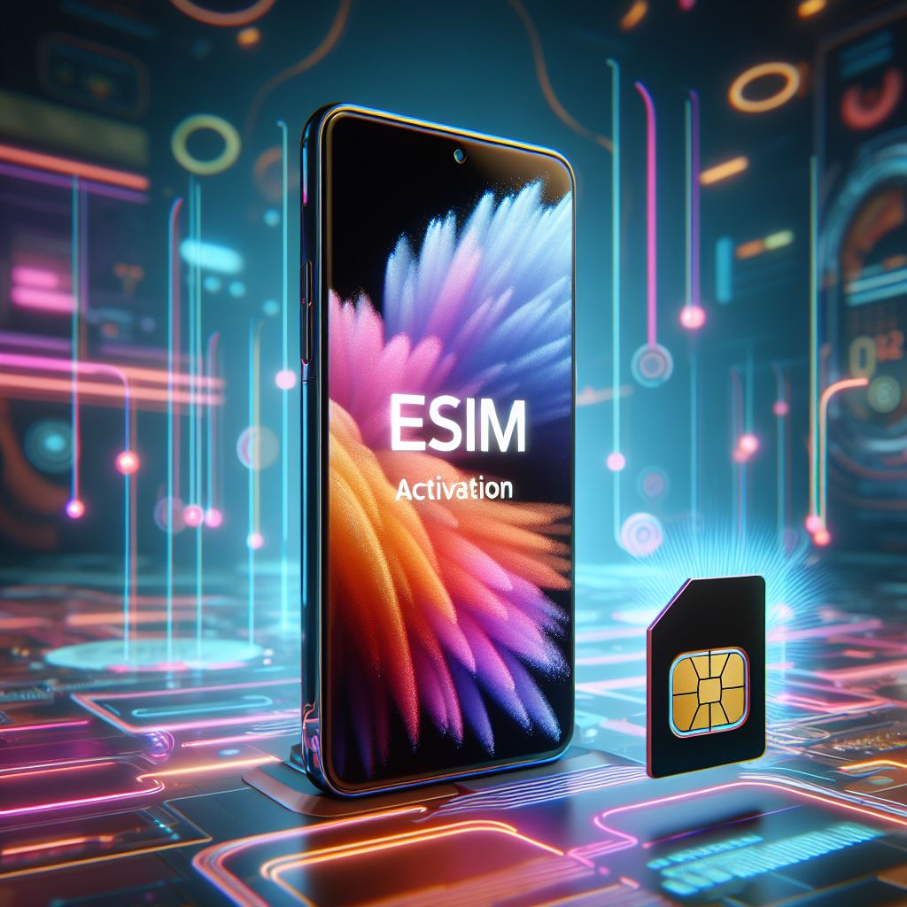 Smartphone displaying the eSIM activation screen with a SIM card beside it